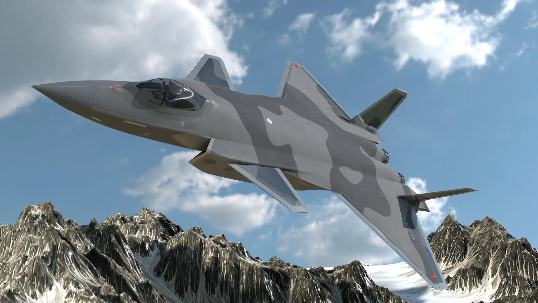 Jet fighter above a mountain landscape